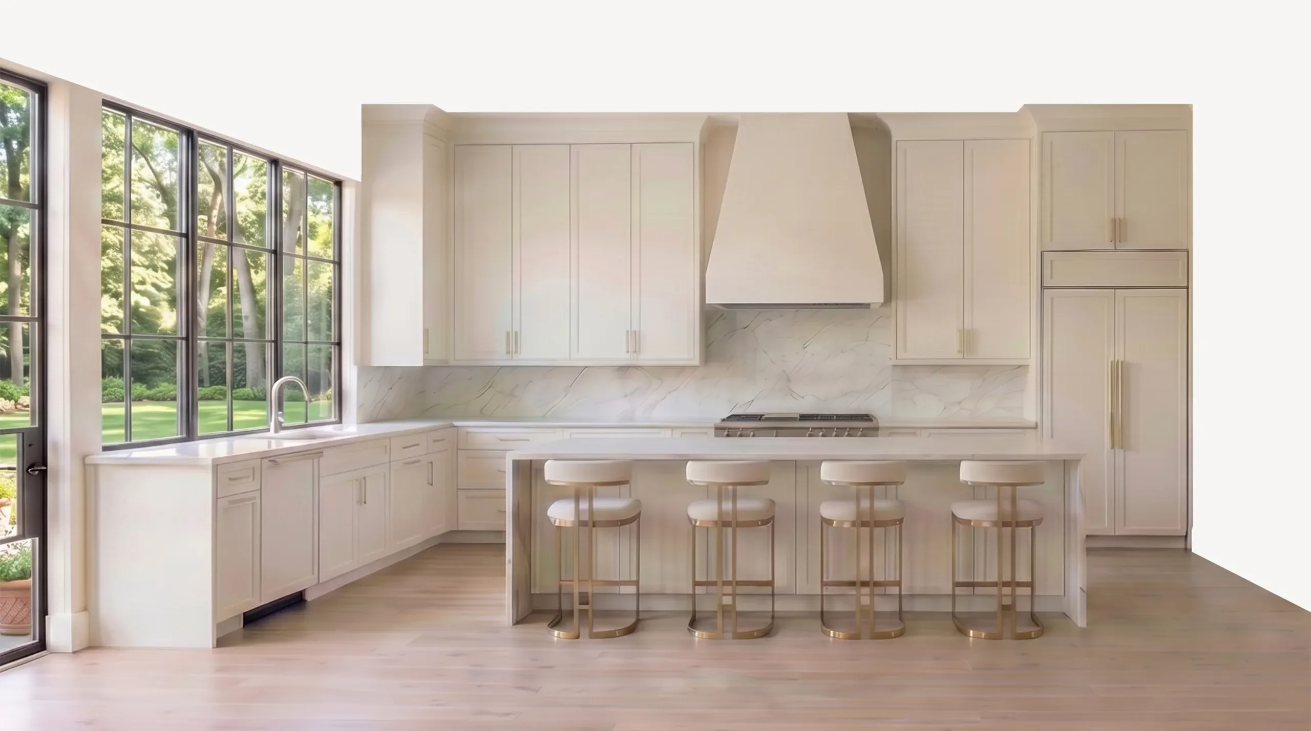Warm white finish kitchen cabinet installation